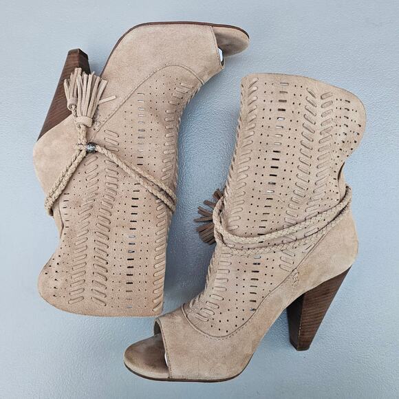 Slouchy Suede Boots Dolce Vita Maddox Size 6.5 Tan Leather Open Toe Heel Tassels - Picture 12 of 13